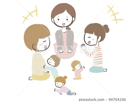 孩子們和媽媽朋友一起玩，他們說話和改變心情 90704280
