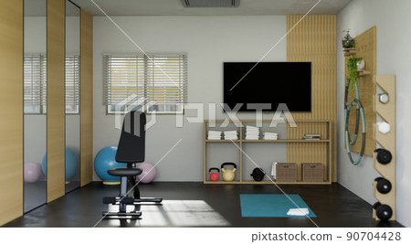 Modern home fitness gym exercise room interior design with sport equipments 90704428