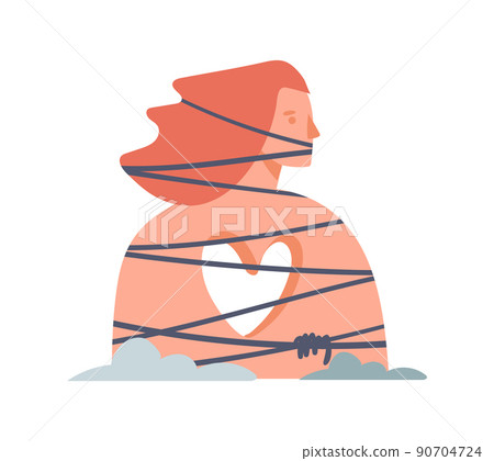 A woman without a heart is tied with ropes. The concept of depression, psychological trauma, domestic violence, loneliness, teenage crisis. Flat vector cartoon icon isolated on white. 90704724