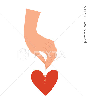 A hand holds a heart symbol on a string. Concept symbol of love, support, family, romance. Flat cartoon vector with red heart isolated on white. 90704725