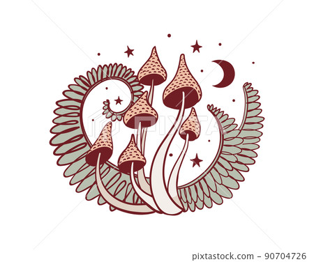 Forest poisonous mushrooms, witch sticker, magical fairy tale symbol. Cute hand drawn tattoo, boho sketch, mystical journey. Colored Vector icon isolated on white background. 90704726