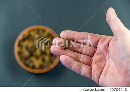 A pellet of dry dog food lies in the palm of a man's hand. An adult male is holding an oval-shaped pellet. Round full bowl of food in the background. First person view. Front focus. 90704948