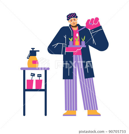 Man scientist fertilizing plants with dropper or pipette, flat vector illustration isolated on white background. 90705733