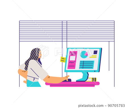 Woman surfing the internet standing behind computer, flat vector isolated. 90705783