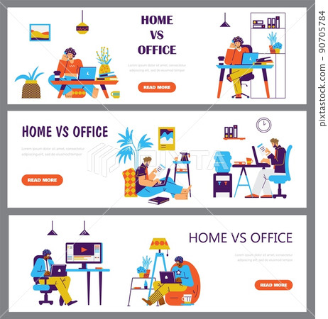 Outsourcing and freelance occupation benefits vs office work, flat vector. Outsourcing and freelance occupation benefits vs office work, flat vector. 90705784