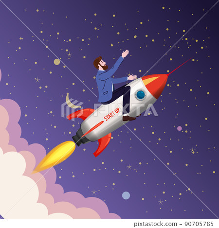 Businessman on a rocket fly through sky. Start up, goal achievement metaphors. Space stars background. Vector illustration 90705785