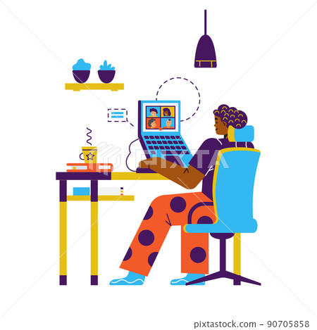 Woman taking part in virtual conference or online meeting flat vector isolated. 90705858