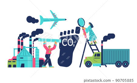 Pollution with carbon footprint or CO2, factory, airplane and truck - flat vector illustration isolated on white. 90705885