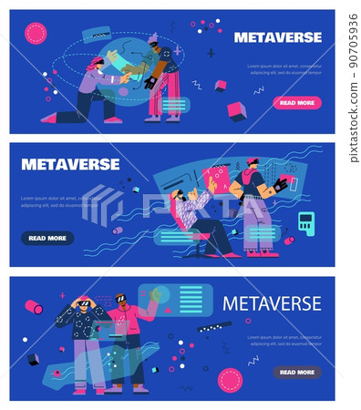 Metaverse exploration horizontal banners set, flat vector illustration. 90705936
