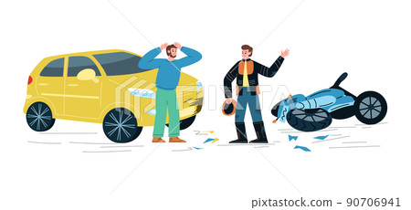 Angry men arguing over car accident with motorbike, flat vector illustration isolated on white background. 90706941