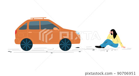 Car hit pedestrian woman, car accident concept, flat vector illustration isolated on white background. Car hit pedestrian woman, car accident concept, flat vector illustration isolated on white background. 90706951