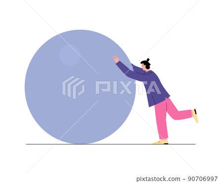 Pushing a stone as concept for completing complex tasks, flat vector isolated. 90706997