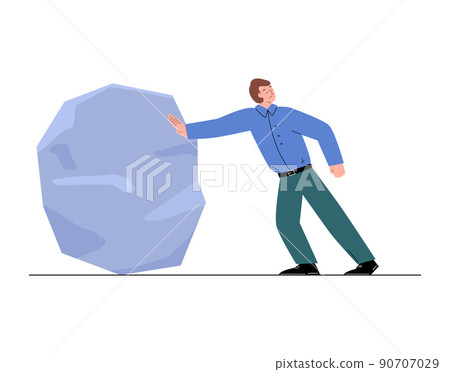 Businessman pushing stone with hand, flat vector illustration isolated on white background. Businessman pushing stone with hand, flat vector illustration isolated on white background. 90707029