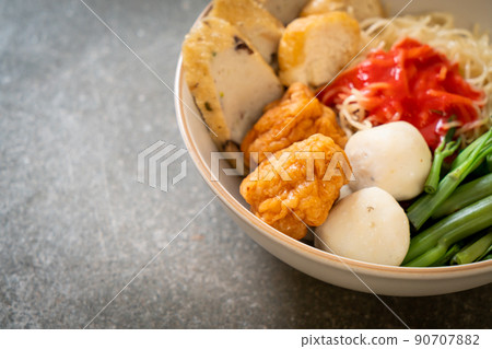 egg noodles with fish balls and shrimp balls in pink sauce, Yen Ta Four or Yen Ta Fo egg noodles with fish balls and shrimp balls in pink sauce, Yen Ta Four or Yen Ta Fo 90707882