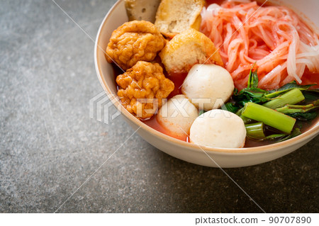 small flat rice noodles with fish balls and shrimp balls in pink soup, Yen Ta Four or Yen Ta Fo small flat rice noodles with fish balls and shrimp balls in pink soup, Yen Ta Four or Yen Ta Fo 90707890