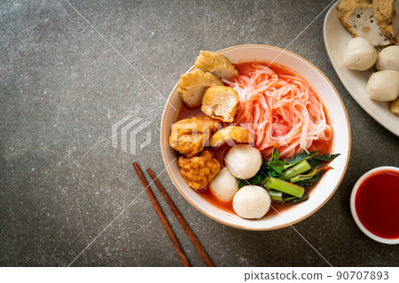 small flat rice noodles with fish balls and shrimp balls in pink soup, Yen Ta Four or Yen Ta Fo small flat rice noodles with fish balls and shrimp balls in pink soup, Yen Ta Four or Yen Ta Fo 90707893