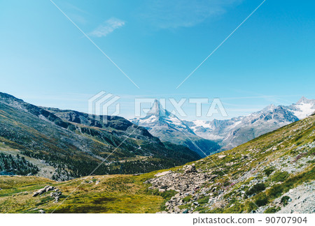 views of the Matterhorn peak in Zermatt, Switzerland. 90707904