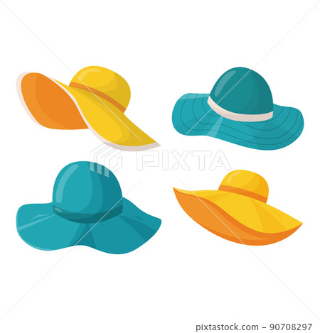 Set of beautiful women's summer hats in different colors and styles. Stylish summer female headwear. A fashion accessory for a vacation at sea in hot countries. Flat vector illustration. 90708297