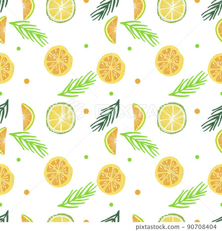 Vector seamless pattern with citrus fruits lemon, lime, orange, grapefruit, palm leaves. Hand drawn tropical illustration. Vector seamless pattern with citrus fruits lemon, lime, orange, grapefruit, palm leaves. Hand drawn tropical illustration. 90708404