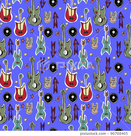 Vector hand drawn seamless pattern. Punk rock attributes, skulls, stars, vinyls, guitars, zombie. Vector hand drawn seamless pattern. Punk rock attributes, skulls, stars, vinyls, guitars, zombie. 90708405