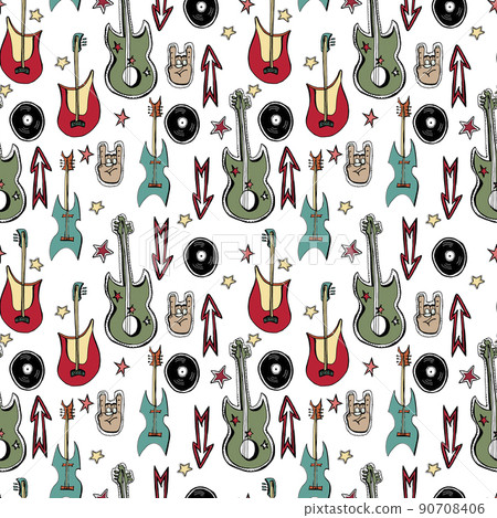 Vector hand drawn seamless pattern. Punk rock attributes, skulls, stars, vinyls, guitars, zombie. Vector hand drawn seamless pattern. Punk rock attributes, skulls, stars, vinyls, guitars, zombie. 90708406