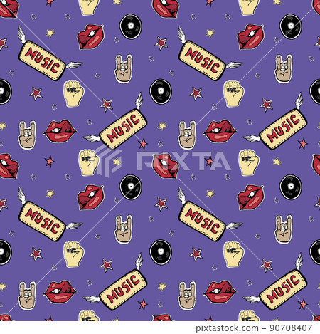 Vector hand drawn seamless pattern. Punk rock attributes, skulls, stars, vinyls, guitars, zombie. Vector hand drawn seamless pattern. Punk rock attributes, skulls, stars, vinyls, guitars, zombie. 90708407