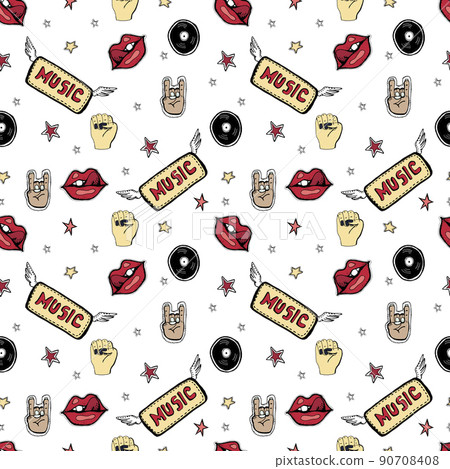 Vector hand drawn seamless pattern. Punk rock attributes, skulls, stars, vinyls, guitars, zombie. Vector hand drawn seamless pattern. Punk rock attributes, skulls, stars, vinyls, guitars, zombie. 90708408