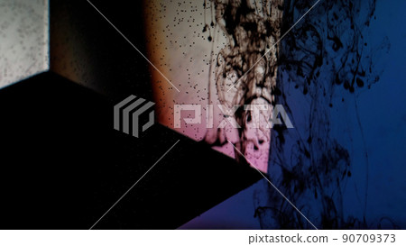 Ink water drop. Wet color glass. Night mystery. Black smoke haze spreading on neon blue pink bubble geometric texture dark abstract background. 90709373