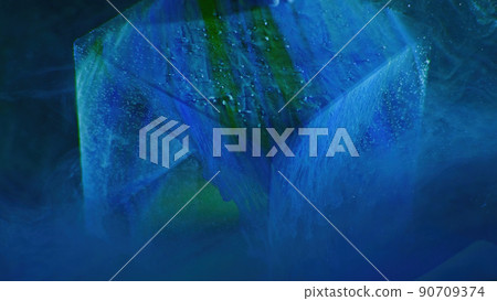 Color glass cube. Underwater abstract background. Ink water drip. Blue green bubble paint on transparent ice crystal angle in mist cloud texture. 90709374