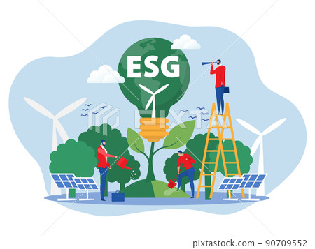 businessman water the plants on Earth in shape of lightbulb lamp with ecology problem ESG renewable, green, safe and long term source concept vector 90709552