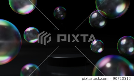 A space with multiple soap bubbles on a black background. A pedestal of a black cylinder. A space with multiple soap bubbles on a black background. A pedestal of a black cylinder. 90710513