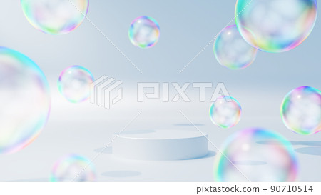 A space with multiple soap bubbles on a white background. White cylindrical pedestal. A space with multiple soap bubbles on a white background. White cylindrical pedestal. 90710514