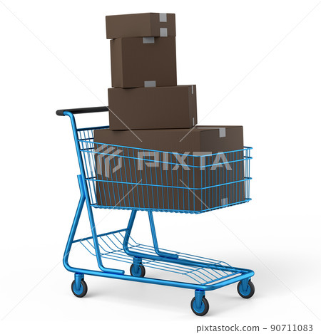 Shopping cart or trolley with cardboard boxes on white background. Shopping cart or trolley with cardboard boxes on white background. 90711083