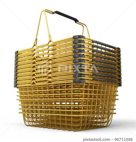 Stavk of metal wire basket from supermarket for online shopping on white. Stavk of metal wire basket from supermarket for online shopping on white. 90711086