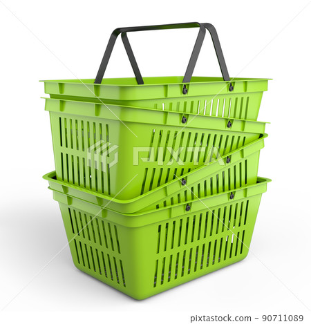 Stack of plastic basket from supermarket for online shopping on white background 90711089