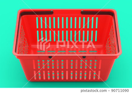 Plastic basket from supermarket for online shopping on green background. Plastic basket from supermarket for online shopping on green background. 90711090