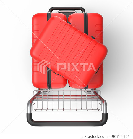 Regular suitcase on hotel trolley cart for carrying baggage on white background Regular suitcase on hotel trolley cart for carrying baggage on white background 90711105