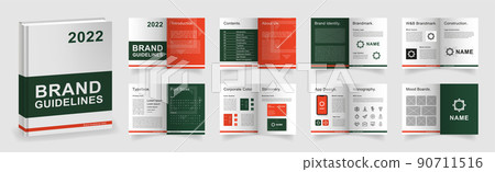 Dark Green Brand Guidelines template. Brand Manual presentation in A4 size. Green Logo Guideline mockup. Logo Guide Book layout 90711516