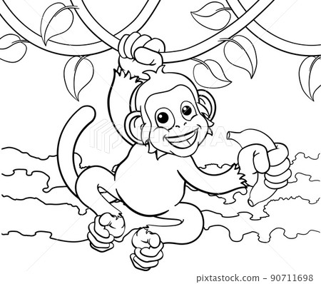 Monkey Singing On Jungle Vines With Banana Cartoon 90711698