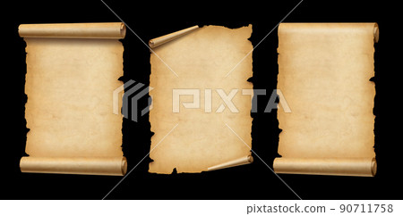 Old Parchment paper scroll set isolated on black. Vertical banners 90711758