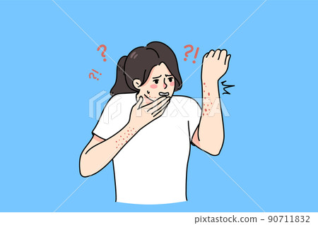 Woman frustrated with rash and dermatitis on body  90711832