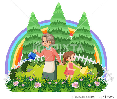 Grandmother and her niece gardening Grandmother and her niece gardening 90712969