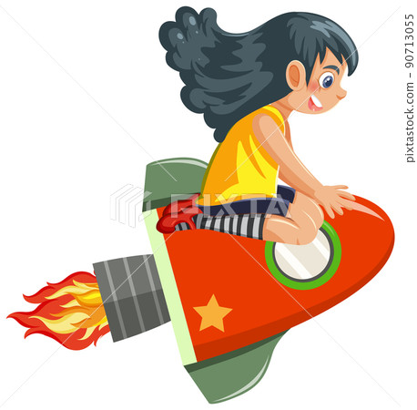 A girl riding on rocket isolated 90713055