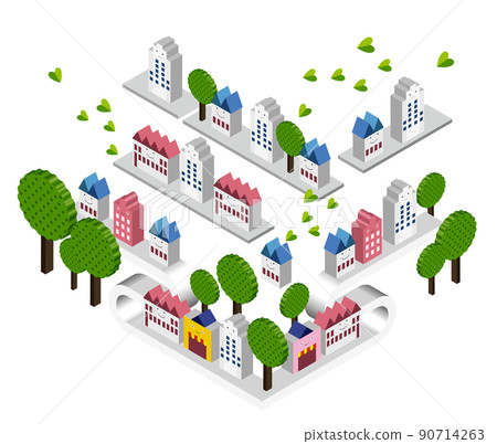 以等距 3D 繪製的有趣的城市景觀和生活風景。人們可以明亮地生活的建築和城市規劃。 90714263