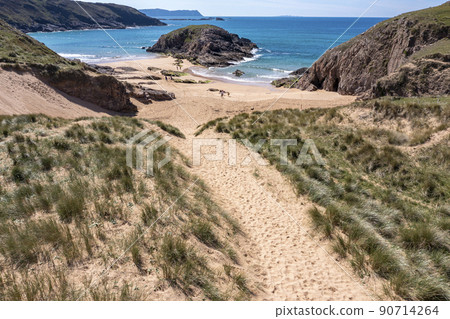 Aerial view of the Murder Hole beach, officially called Boyeeghether Bay in County Donegal, Ireland 90714264