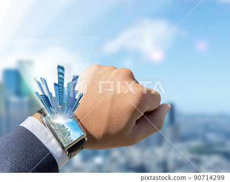 Clock of a businessman who communicates with a network 90714299