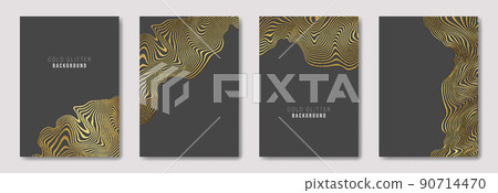 Set of gold glitter backgrounds on a dark background for the design of greeting cards and invitations. Christmas decorations with sparkles. 90714470