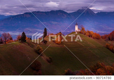 Sunset with church, top of hill, Slovenia, Jamnik Sunset with church, top of hill, Slovenia, Jamnik 90714780