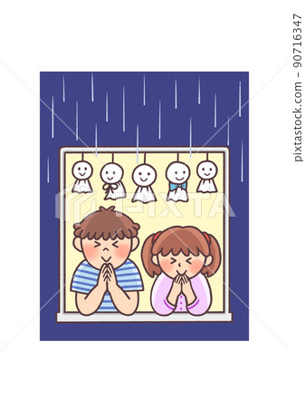 Little brother and sister praying to the teru teru bozu tomorrow (colored in the back) Little brother and sister praying to the teru teru bozu tomorrow (colored in the back) 90716347