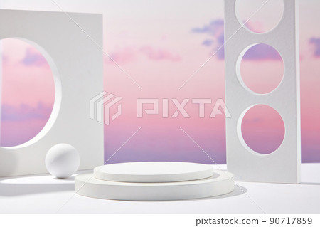 Front view of white podium and stairway with blank space in purple gradient cloudy sky background abstract content Front view of white podium and stairway with blank space in purple gradient cloudy sky background abstract content 90717859